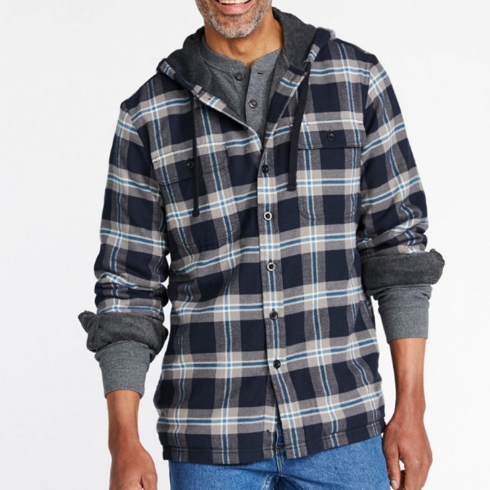 L.L.Bean Plaid Fleece-Lined Flannel Shirt, Traditional Fit, Hooded Green Medium - Picture 1 of 4